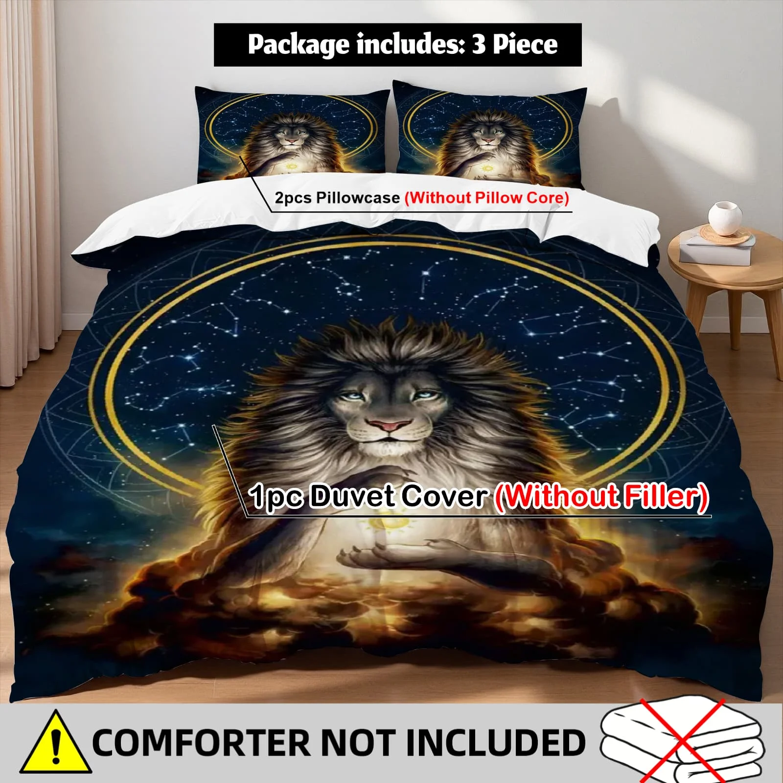 3pcs Mystical Lion Constellation Print Duvet Cover Set – for Kids Gift 100%Polyester, Soft, Breathable for Bedroom Decoration