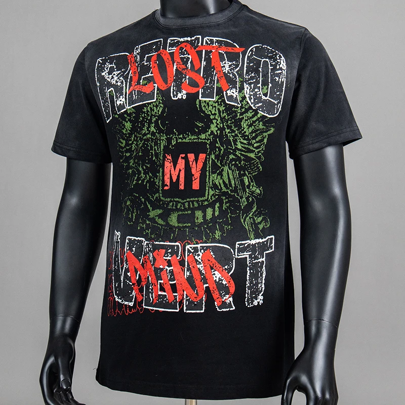 

Футболка Retrovert с эффектом потертости и принтом-надписью, темно-серая, в американском стиле, с эффектом брызг, свободного кроя, повседневная, с коротким рукавом, для мужчин и женщин