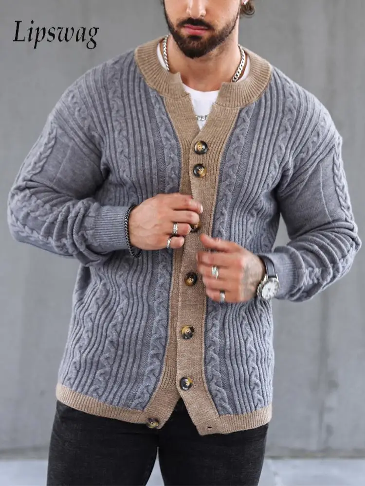 

Vintage Patchwork Twist Jacquard Knit Cardigans Mens Classic V Neck Buttoned Sweater Jacket For Men Casual Knitting Sweatercoats