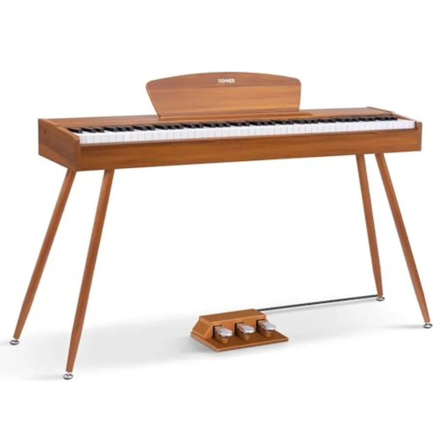 

Digital piano for beginners with 88-key weighted keyboard, retro wood color, includes sheet music stand, triple pedal, power ad