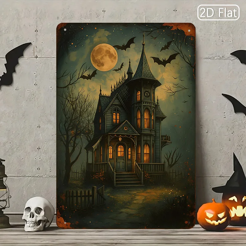 Haunted House Bats Moon Tin Sign, Spooky Decorative Plaque - Haunted House with Bats under Moon - Classic Wall Art for Halloween