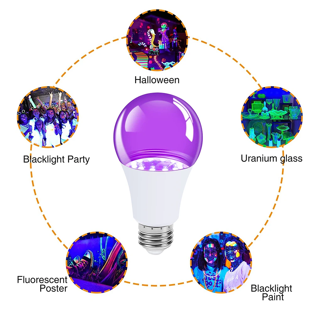 1 ~ 6 paczek żarówka LED czarny, 9W (odpowiednik 75wat) żarówka światła czarnego UV A19, świecące W ciemności na imprezę Blacklight, fluorescencyjna