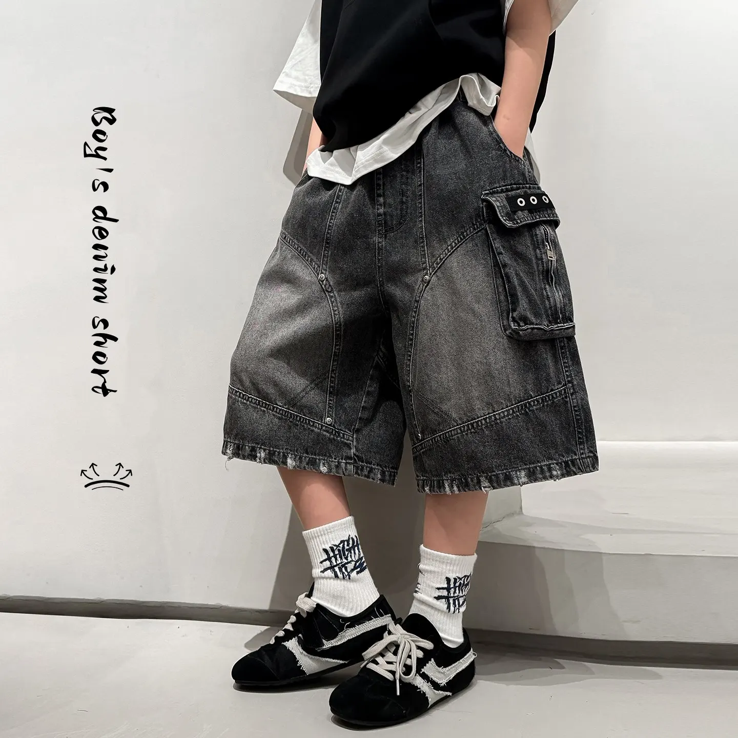 Boys Denim Cargo Shorts Vintage Washed Loose Knee‑Length Shorts, Hip‑Hop Casual Jean Short With Side Pockets Summer Clothing