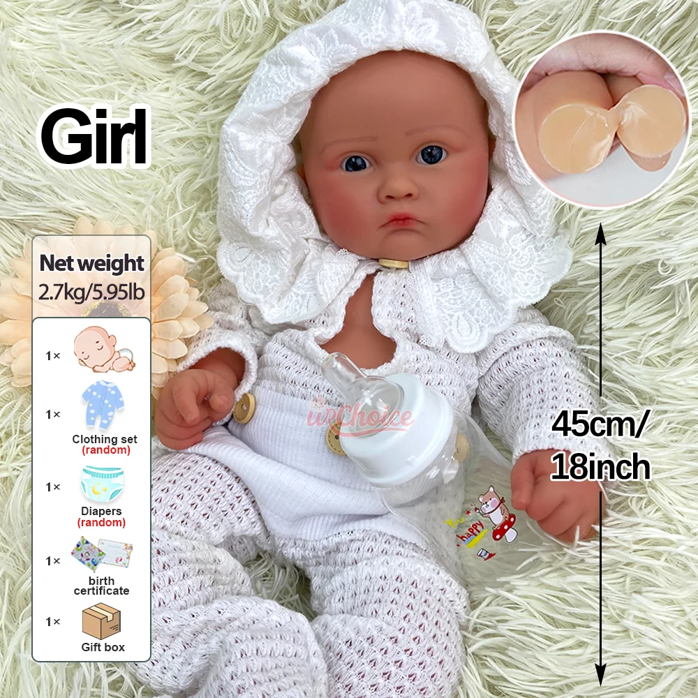 Muñeca bebé reborn de silicona de 45 cm (18 pulgadas), escala 1:1, con ojos azules, realista, lavable, con textura de piel visible, ideal para guarderías.