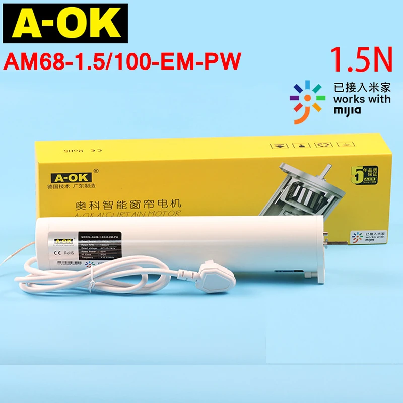 2024 A-OK AM68-1.5/100-EM-PW Electric Curtain Motor Work With Mija APP 2.0N High Torque,80rpm Built in Remote Control 433.92MHz