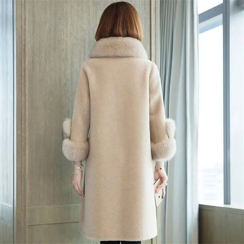 Ladies Imitation Fox Fur Collar Outwear 2024 Women Medium Long Styles Granular Velvet Coat Winter Female Loose Faux Fur Jacket