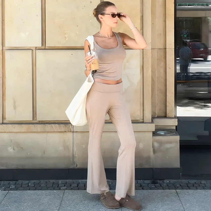 

HiLoc Casual Knit Trousers Outfits Women Street Chic Gray Tank Top And High Waist Long Pants 2 Piece Sets 2025 Summer Pant Suits