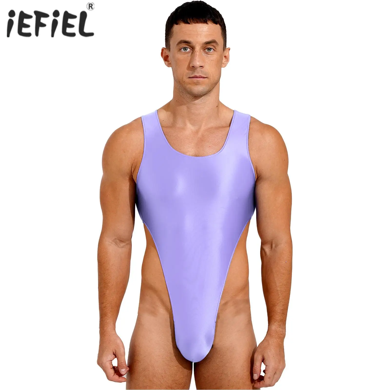 

Mens Mankini Swimwear U Neck Sleeveless Bodysuit Glossy Stretchy High Cut Leotard One-Piece Swimsuit for Bodybuilding Exercise