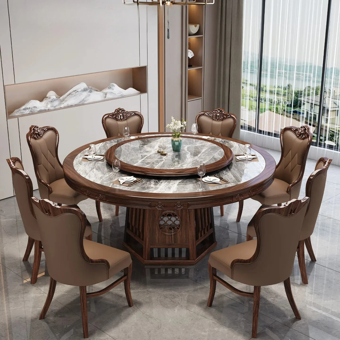 New Chinese ebony wood carving flower dining table family villa rock slab dining table high-end induction cooker round table