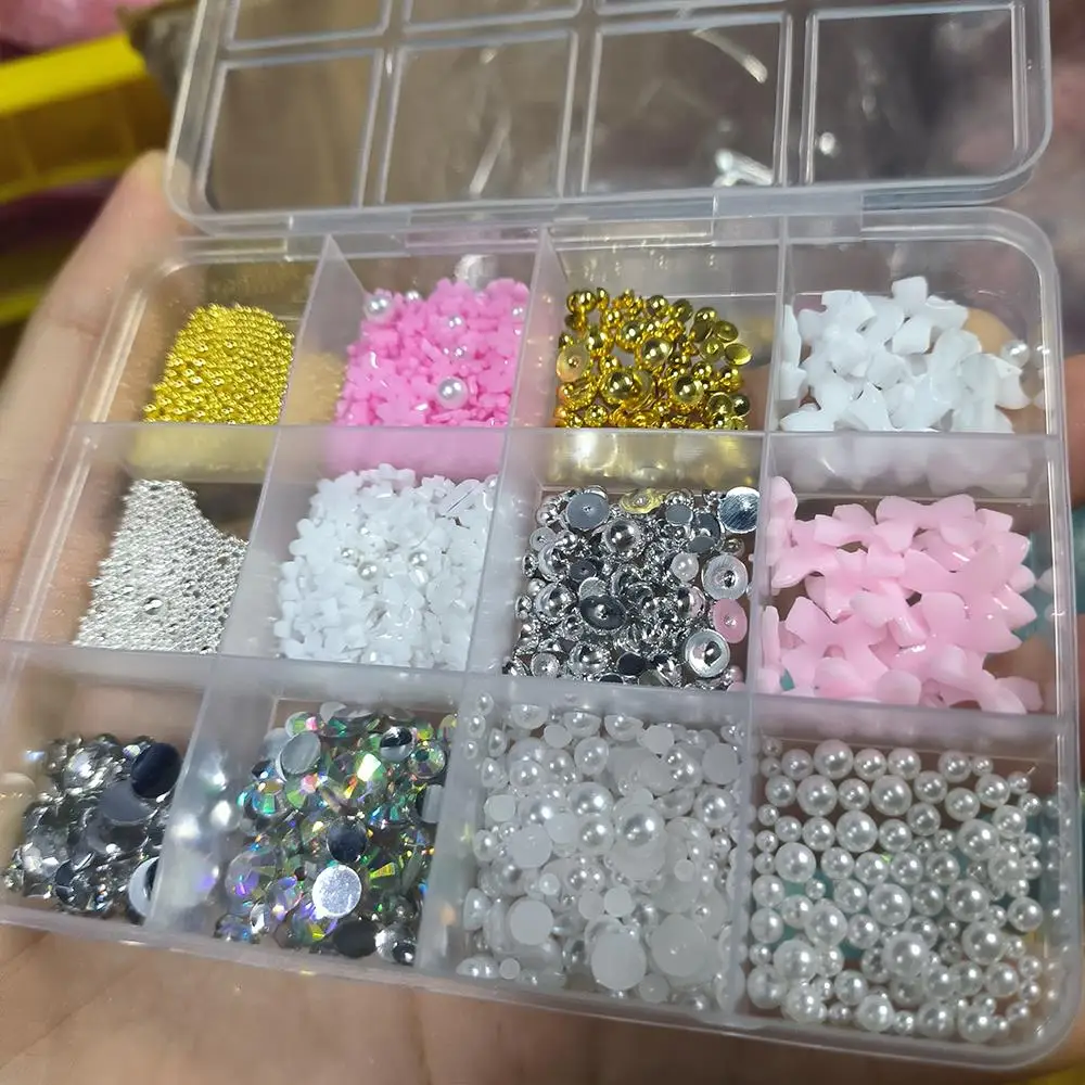 12 griglie 3D acrilico fiore arco lecca-lecca pendenti per unghie simulazione perla cuore/stella decorazioni per unghie accessori per unghie in resina fai da te