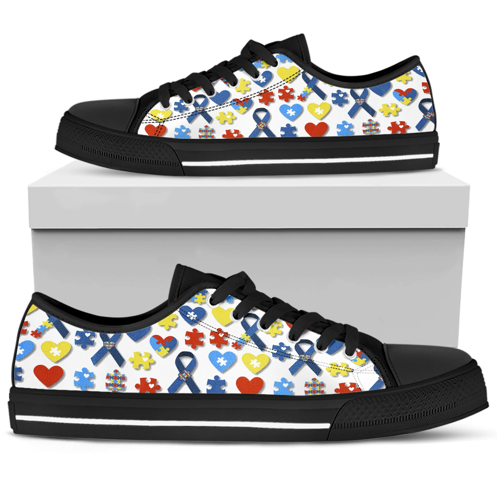 ELVISWORDS World Autism Awareness Day Low Top Ladies Vulcanized Shoes Blue Ribbon Printed Canvas Shoes Flats Zapatos Mujer