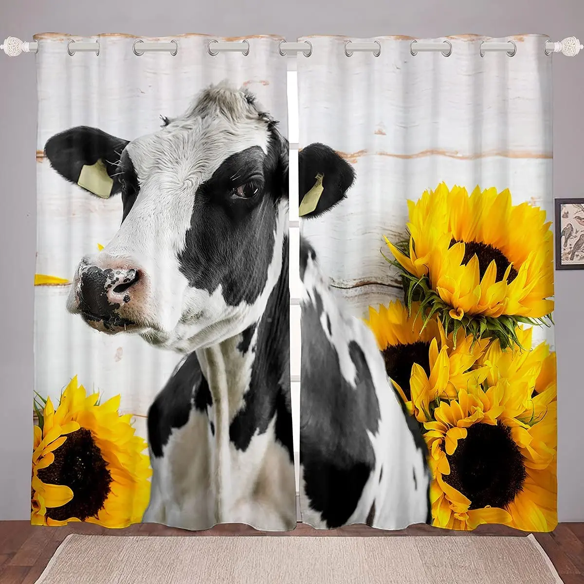 Highland Cow Window Curtains for Bedroom Living Room 3D Grey Black Longhorn Cattle Design Curtains Kids Boys Western Curtains