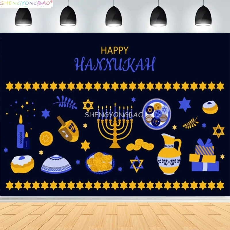 

Judaism Happy Hanukkah Background Jewish Jesus Passover Candlestick Party Candles Kwanzaa Bread Decor Photography Backdrop IS-02