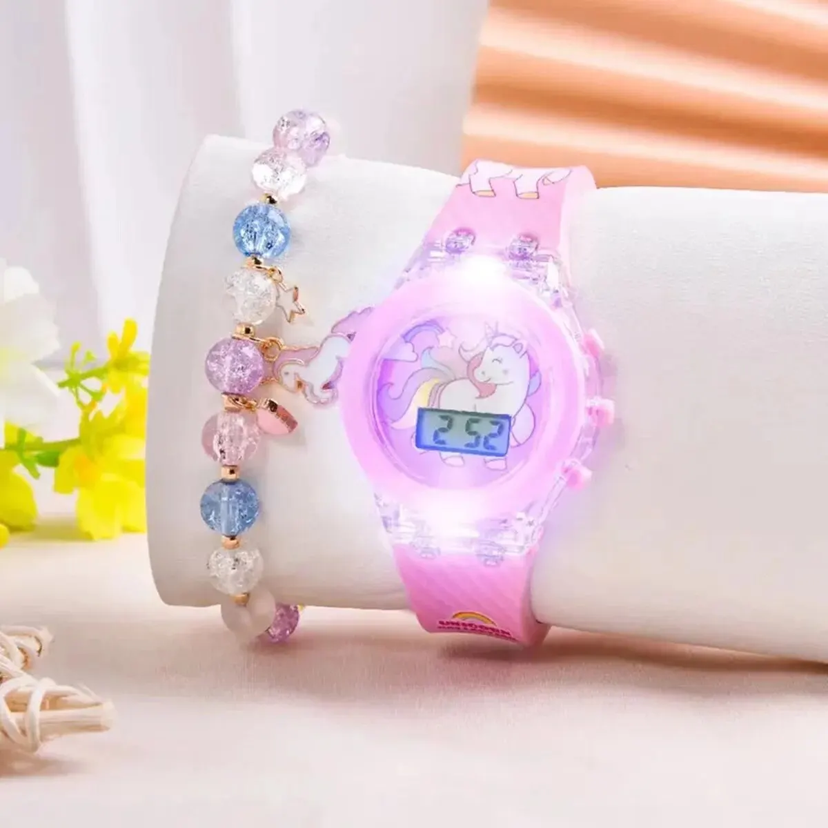 1 Uds Jelly Candy dibujos animados unicornio puntero Digital cuarzo luz chica reloj 1 Uds blanco conejo hierba conjunto de joyería