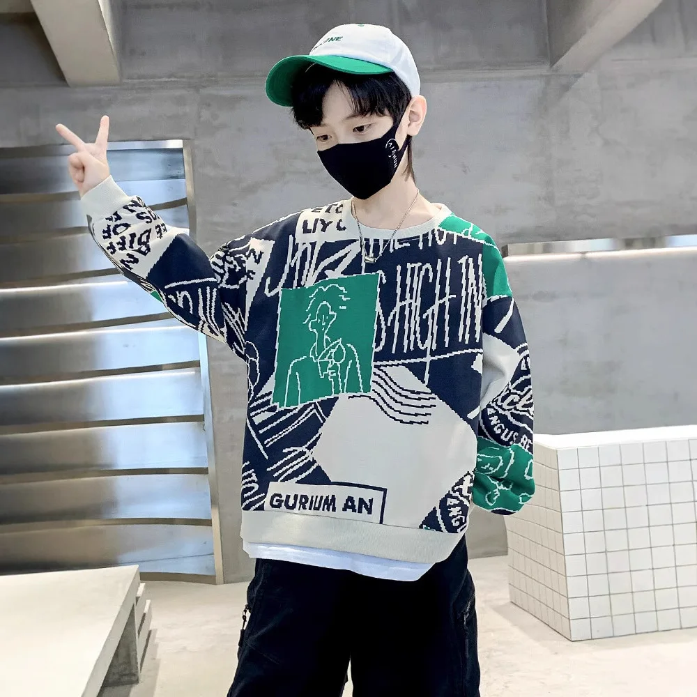 New Kids Letter Print Sweatshirts Children Long Sleeves Tee Top Boy Cool T-Shirt Teen Green Clothes 5 6 7 8 9 10 11 12 13 14Yrs