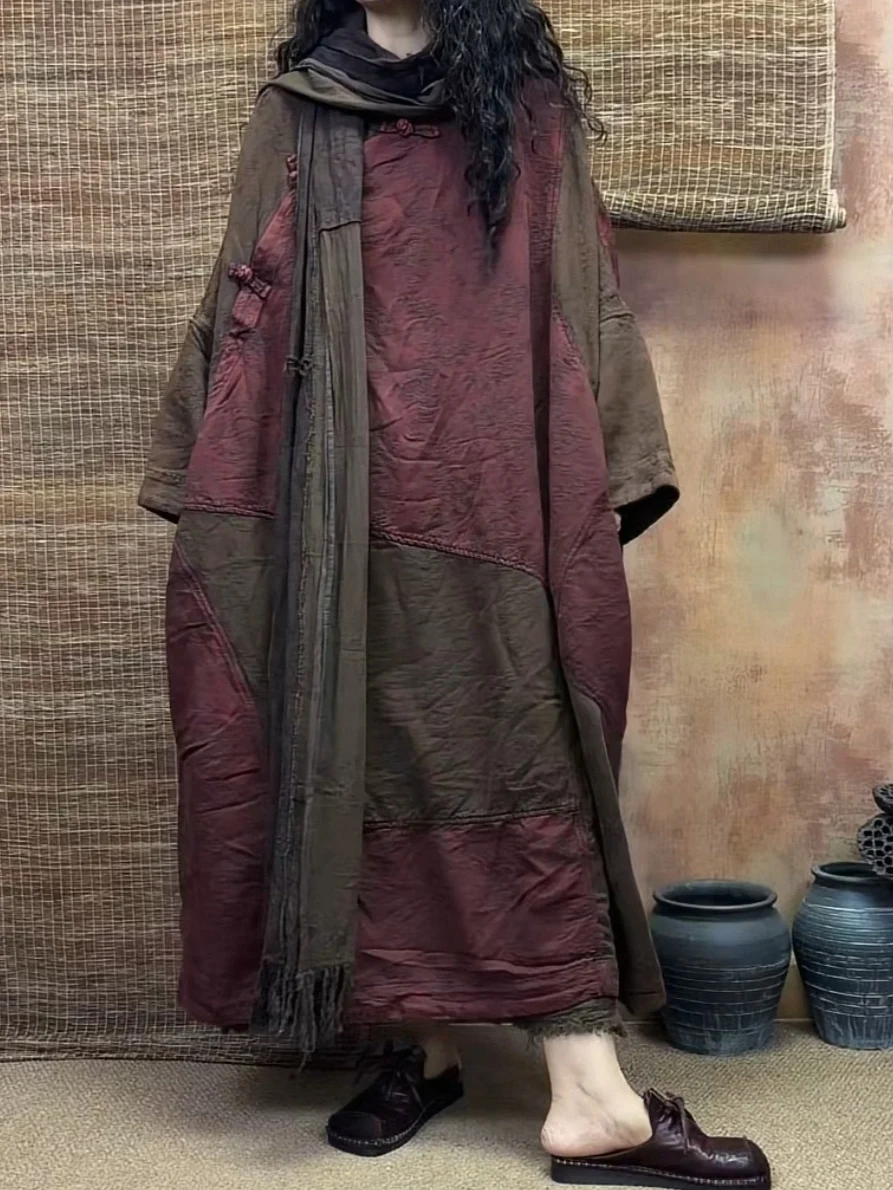 Nieuwe Collectie Herfst Arts Stijl Vrouwen Batwing Mouw Losse O-hals Jurken Vintage Patchwork Katoen Linnen Jurken Hoge Kwaliteit G892