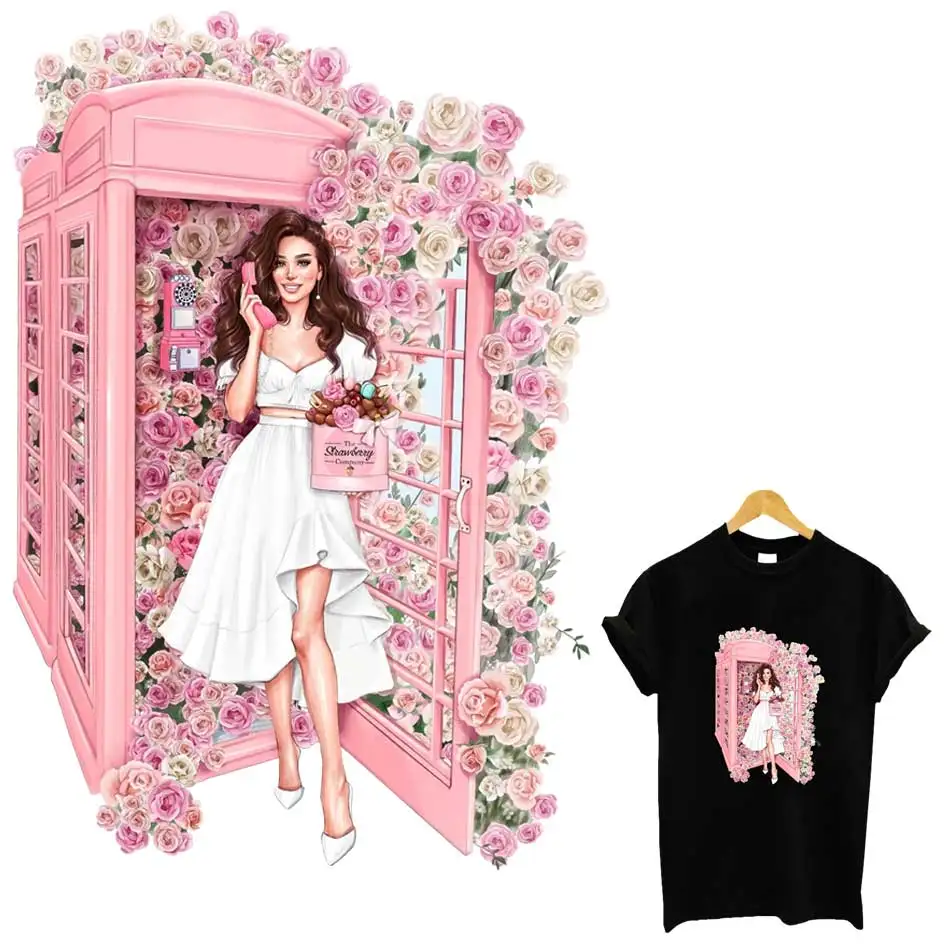 Flowers Phone Booth Iron-On Transfer For Clothing DIY A-Level Washable T-Shirts Thermal Stickers Beautiful Girl Patches Applique