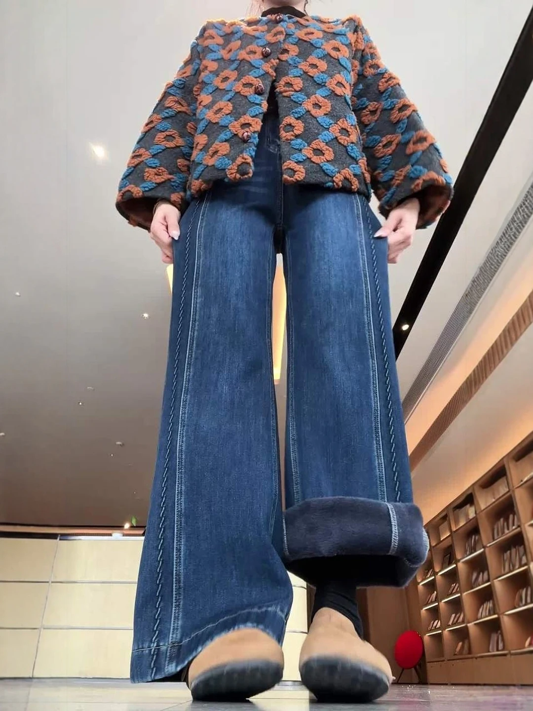 

Джинсы женские больших размеров, с подкладкой, синие, свободные, с широкими штанинами, с высокой талией, утягивающие, зимние, повседневные, на молнии