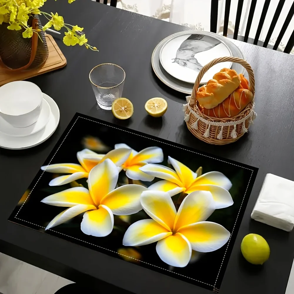 4Pcs Country-Style, Bright Tropical Floral Plumeria Placemats, Suitable for Dining Tables, Kitchens, Restaurants, Party Celebrations, and Picnics.