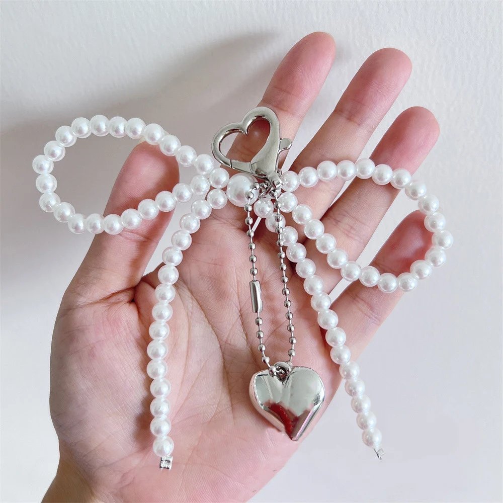 Korean Beaded Key Chain Handmade Pearl Bow Shaped Pendant Keyring Heart Keychain Ornament INS Pearl Decoration For Bags Phones