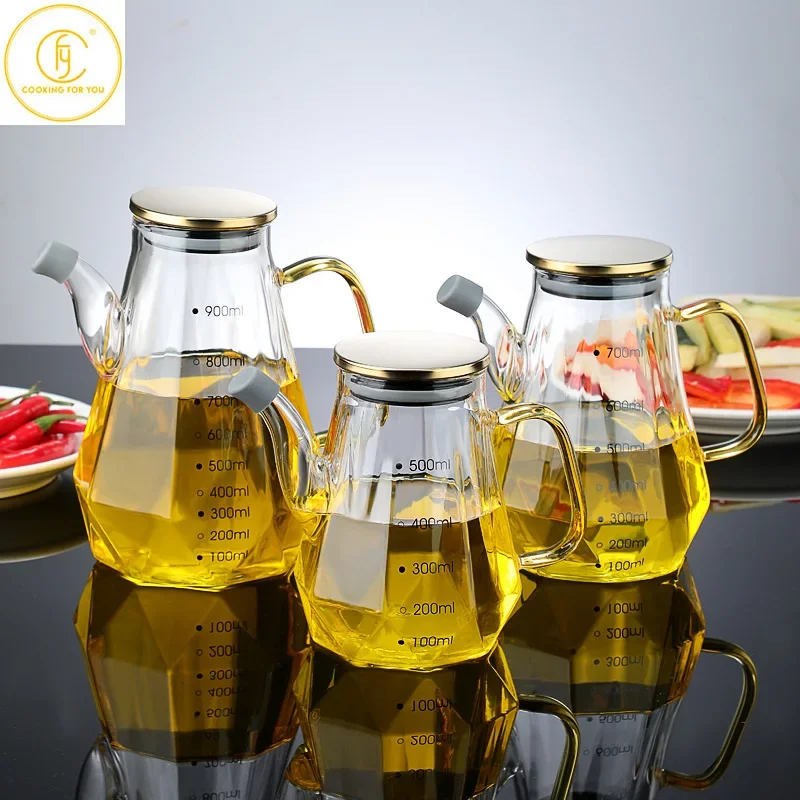 500/700/900ml Home Creative Glass Diamond Oil Bottle with Scale and Handle Kitchen Soy Sauce Vinegar Condiment Storage Container