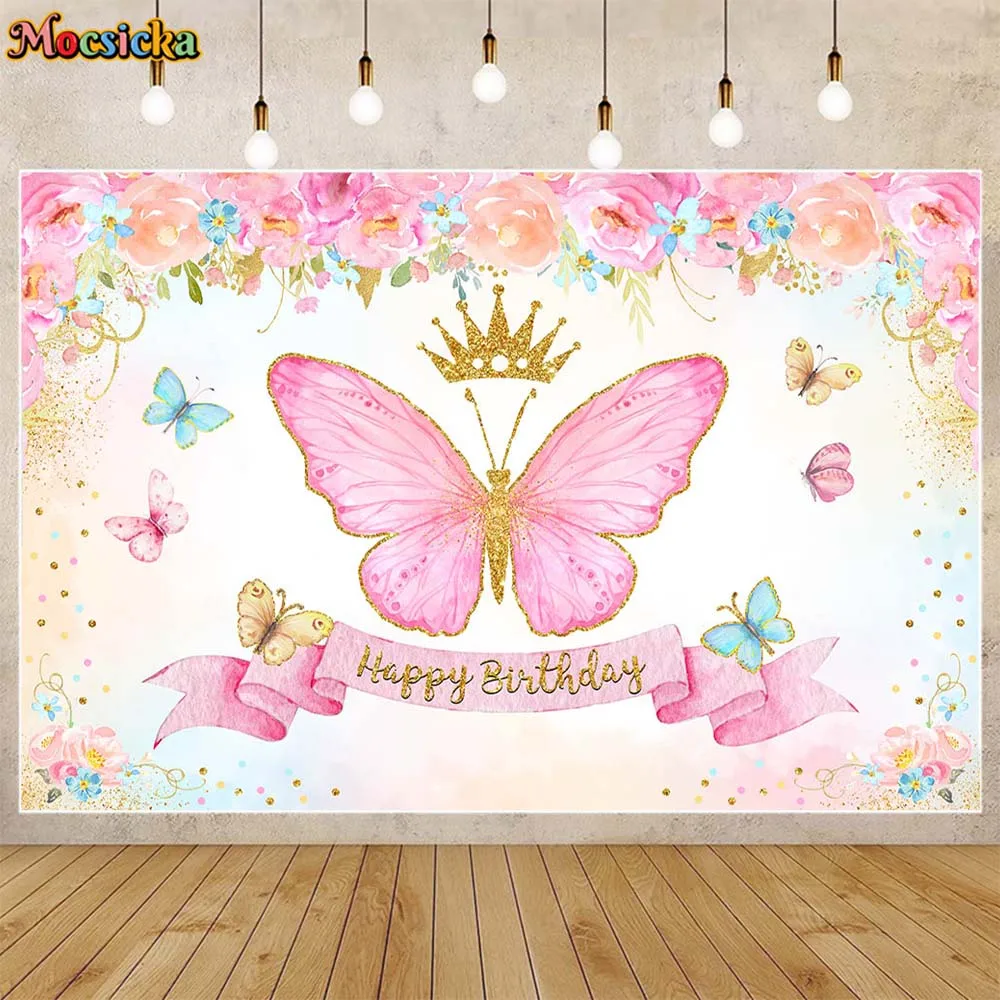 

Mocsicka Pink Butterfly Kids Birthday Backdrop Crown Flowers Girl Birthday Party Decor Photo Background Banner Photography Props