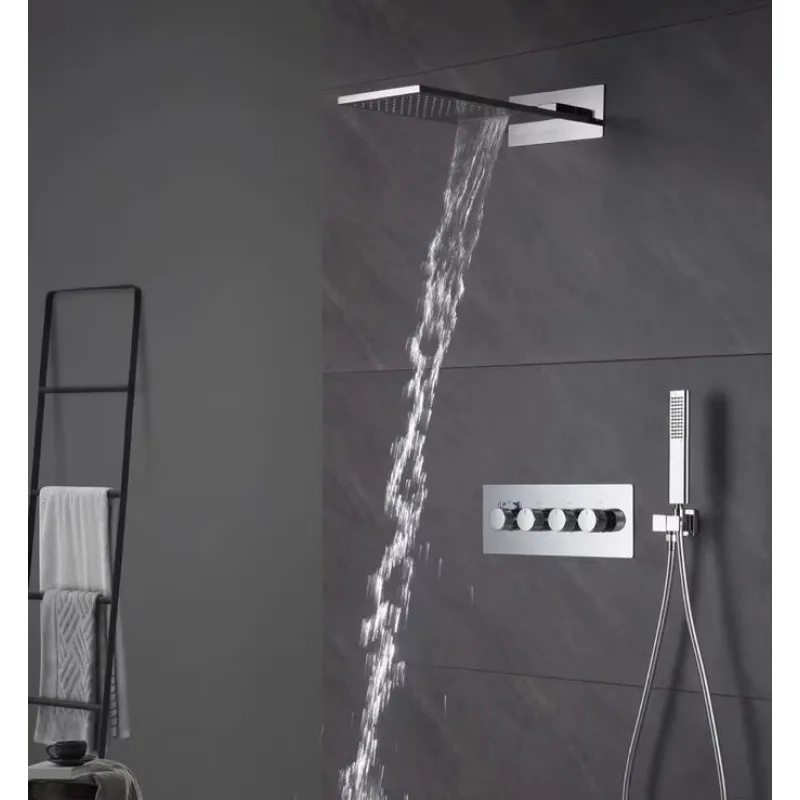 高級真鍮製壁掛け式三方向恒温レインフォール滝型隠しシャワーミキサーセット浴室シャワーシステム