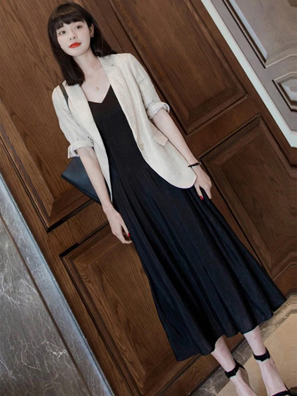 

Fashionable Casual Spring Summer 2026 Women's Two-Piece Set Elegant Midi Dress And Blouse High Waist Straight Leg Pants