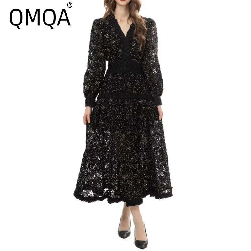 QMQA Fashion Women's Banquet Dresses Jacquard Plate Flower Splicing Lantern Long Sleeve White Dress Autumn Female Clothing 1A875