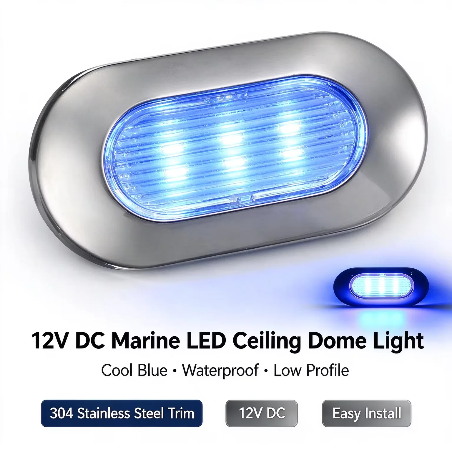 Waterproof Blue LED Boat Interior Light 12V Yacht RV Ceiling Lamp 73x38mm Step Courtesy Light