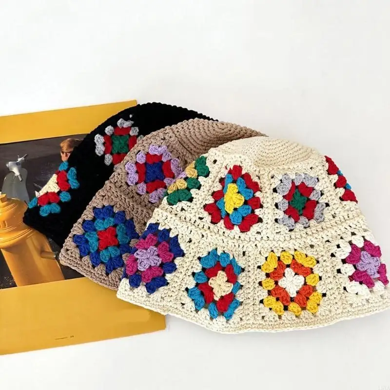 

L5YA Handmade Knit Bucket Hat for Woman Teenagers Outdoor Floppy Flower Fisherman Hat Wide Brim Winter Autumn Travel Hat