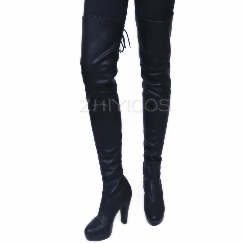 Chaussures de Cosplay en Cuir PU, Bottes Noires à Talons Hauts et Lacets, Longueur aux Genoux, Taille 35-47, YoRHa 2B, Nouvelle Collection