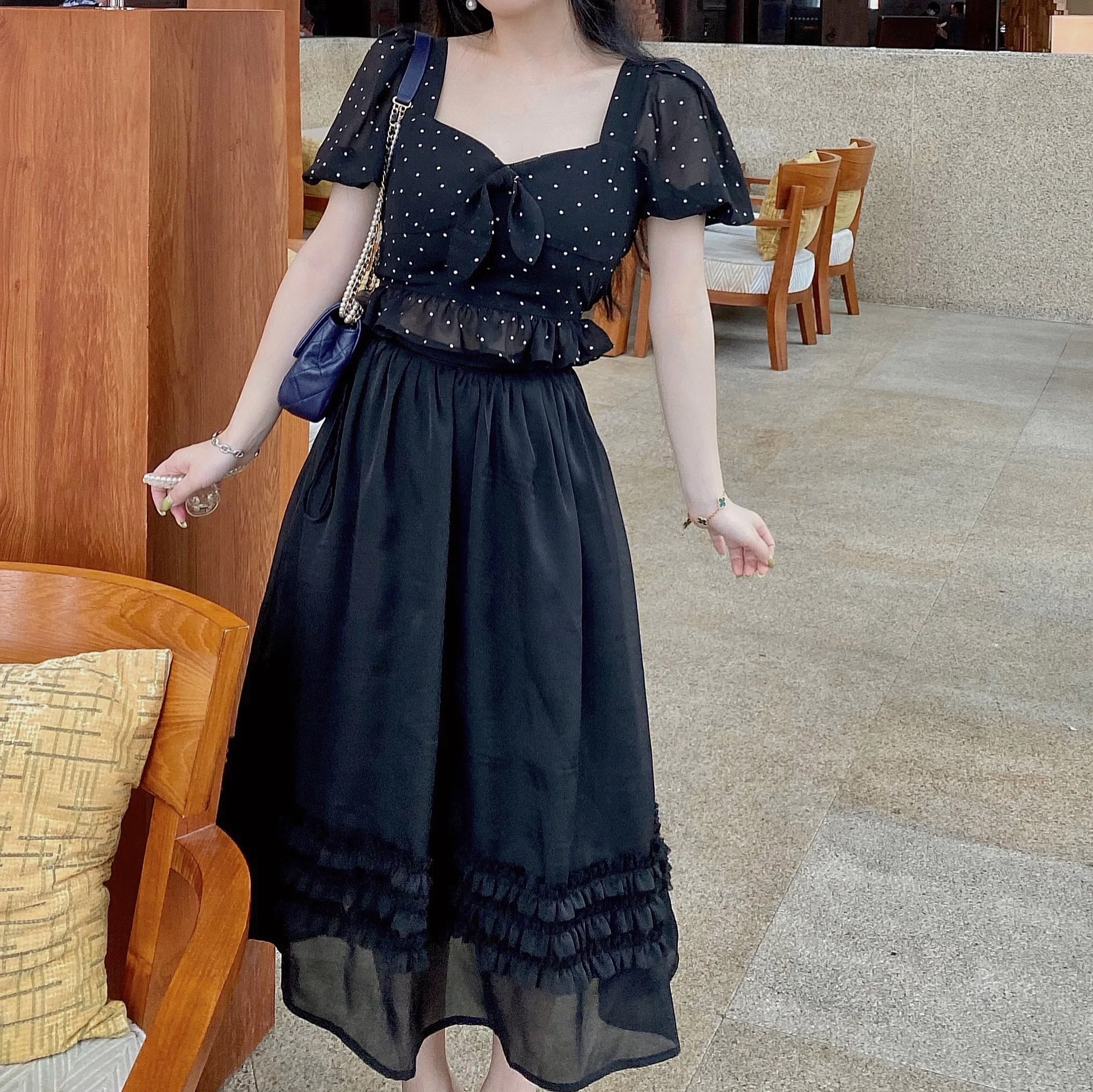 

Bla Chiffon Lace Hem ter Ne Dr Women's Summer High Waist Puffy Skirt Midi Length f Body Skirts