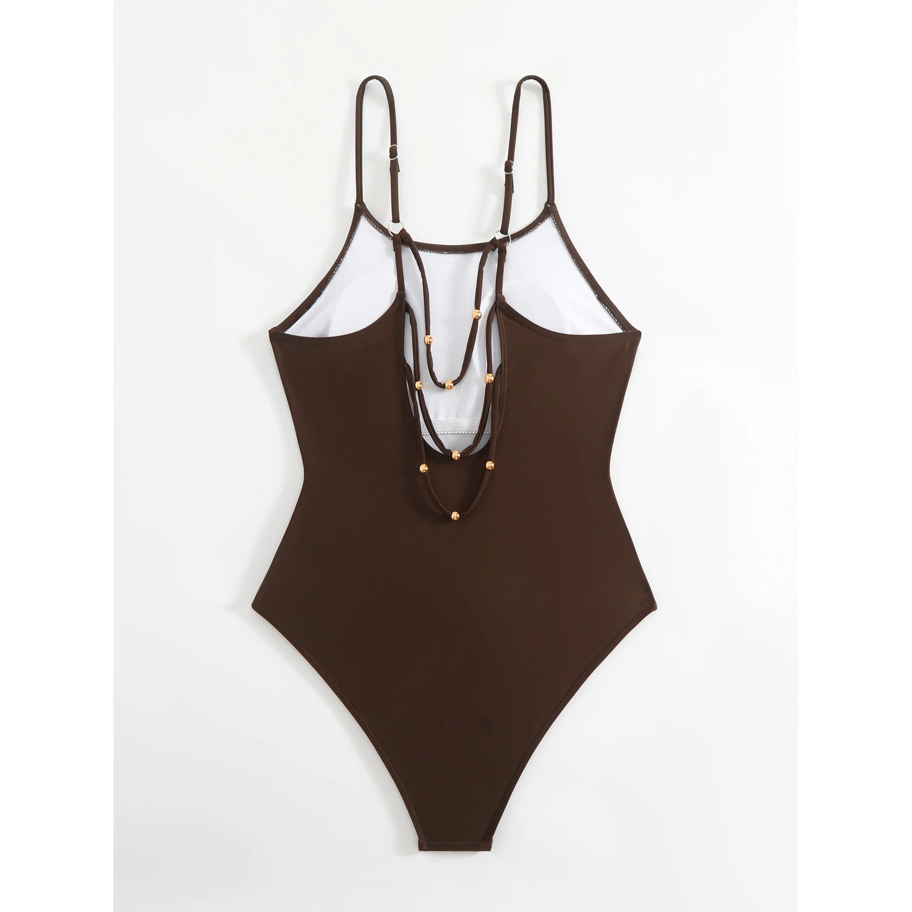 Neuer 2026 Sexy Rückenfreier Badeanzug mit Hohem Beinausschnitt für Damen, Einteiliger Badeanzug mit Polsterung, Einfarbig Kaffee, Badebekleidung V7089 – Detail 8