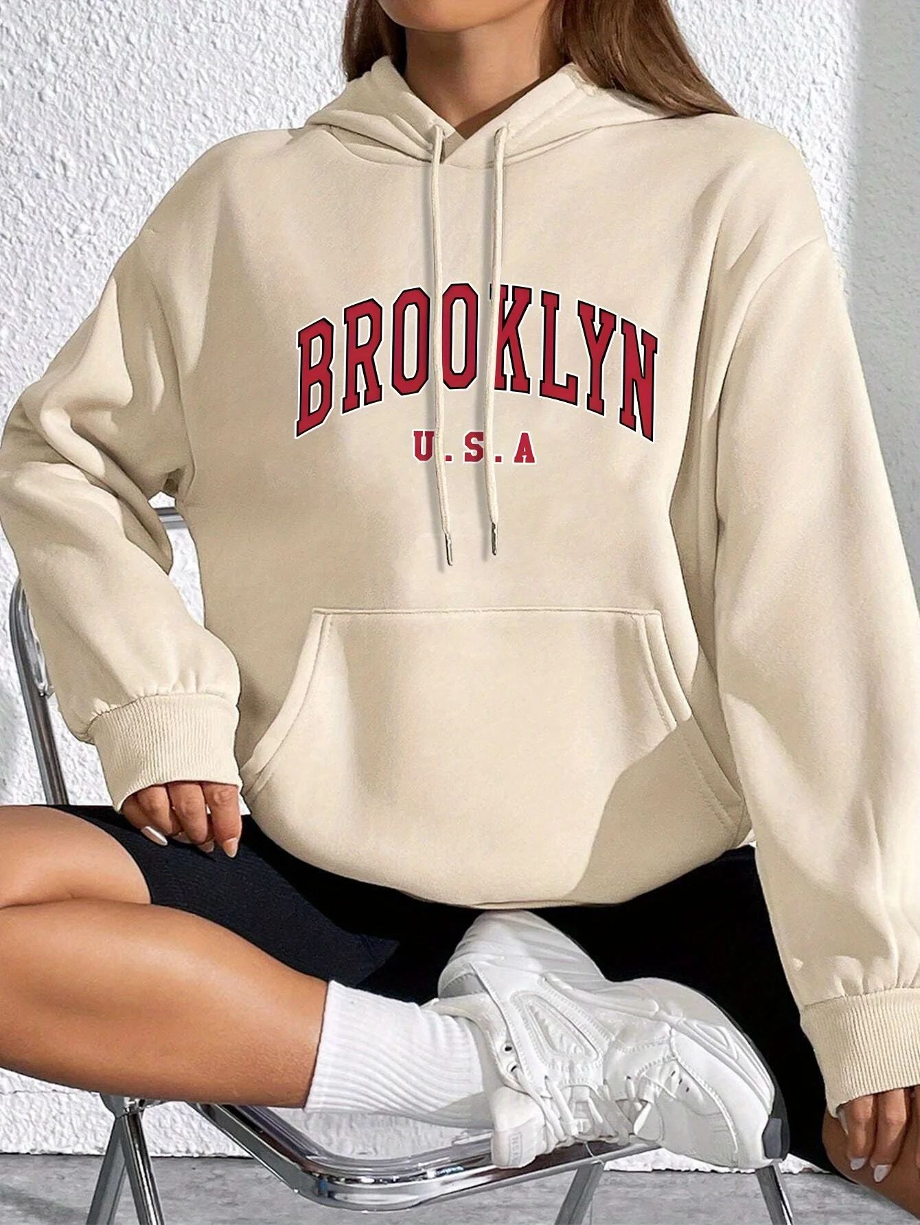 Chic Alphabet Drawstring Hoodie Women's Casual Knit Sweatshirt with Kangaroo Pockets Durable Stretch Fabric for Fall/Winter