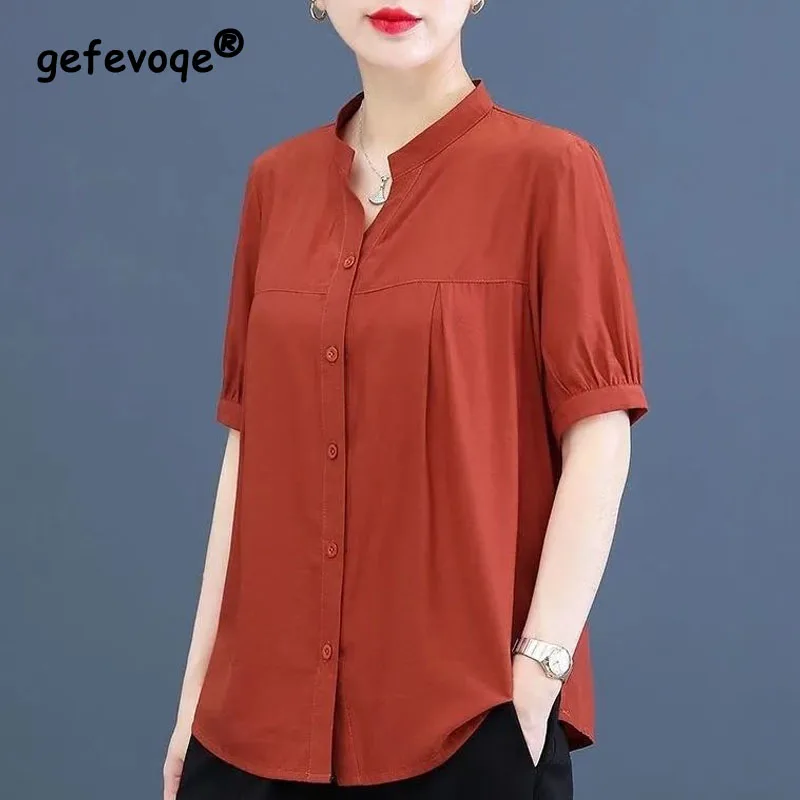 Oversize Solid Color Women\'s Clothing 2023 Summer POLO Collar Casual Tops Women Stand Collar Loose Single Breasted Chiffon Shirt