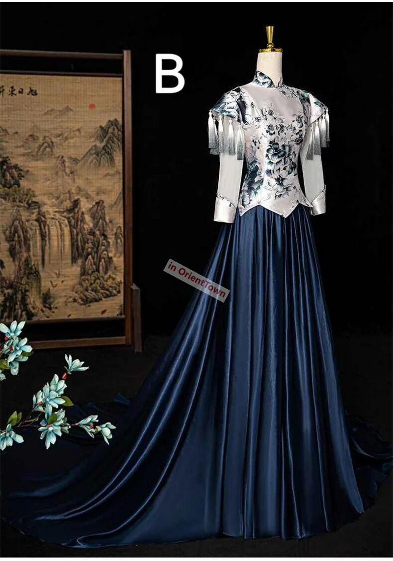 Luxury Trailing Long Cheongsam Embroidery Ink Painting Fashion T-stage Show Qipao Robe Orientale Chinese Tradition Dress Mermaid