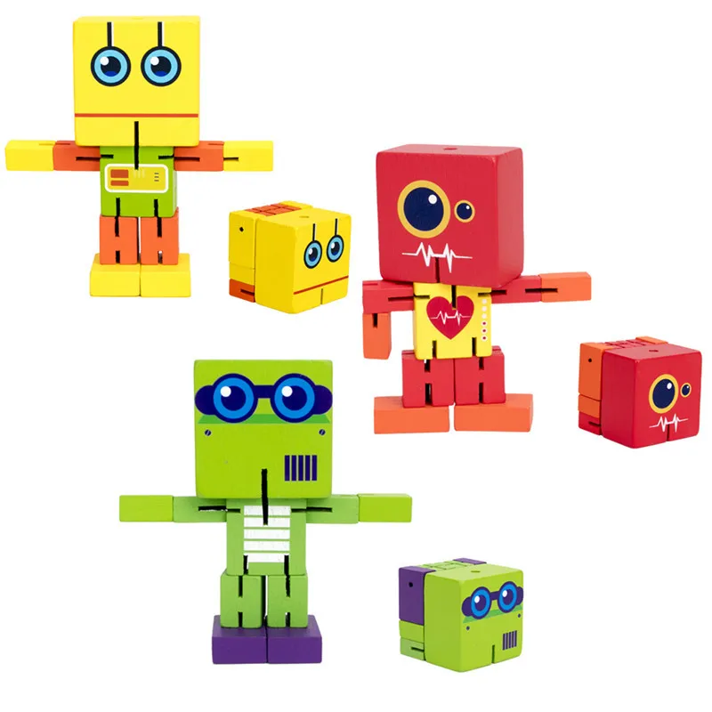 Wooden Expression Building Blocks Magic Cube Creative Deformation Robot Montessori Wood Puzzle Educational Toys Stress Relief