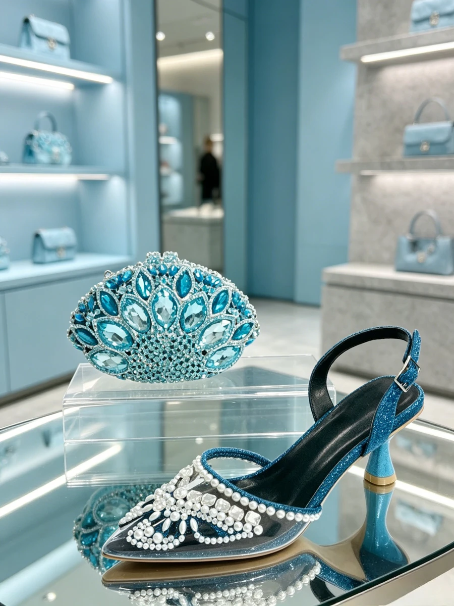 

Light Blue Mesh Pearl Wine Glass Heels & Peacock Feather Oval Rhinestone Clutch Bag Women Evening Wedding Shoes Escarpins Femmes