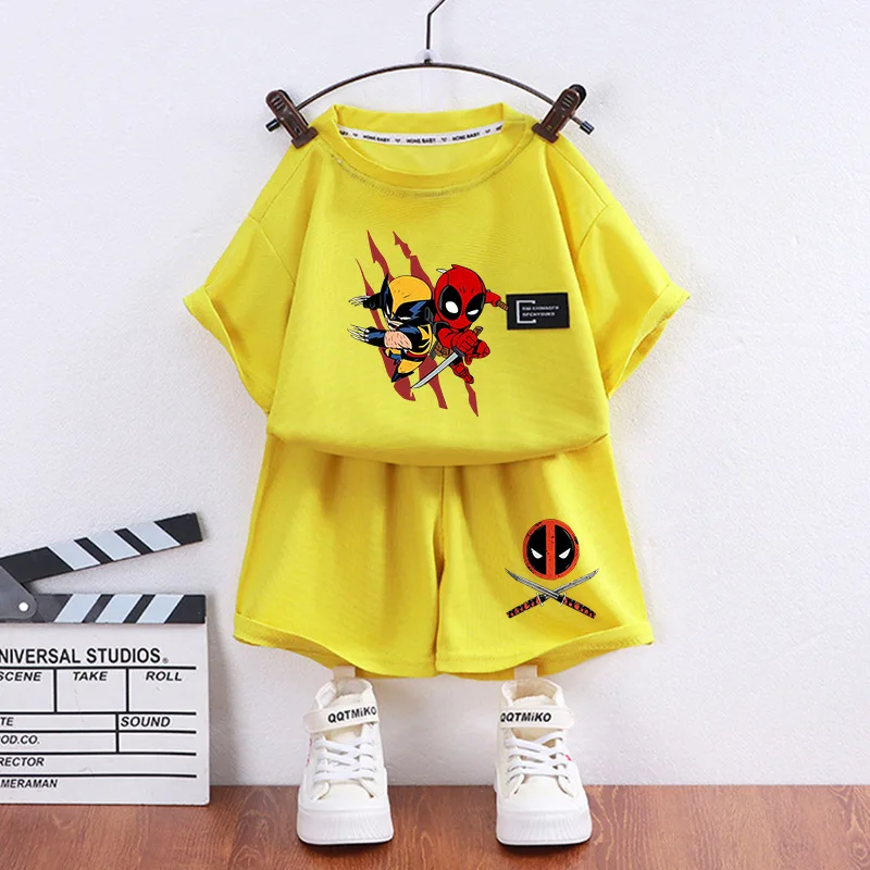 Cross Border Short Sleeved Shorts Summer Thin Suit Deadpool&Wolverine Boys and Girls Waffle Home Outfit Child Pajamas Loungewear