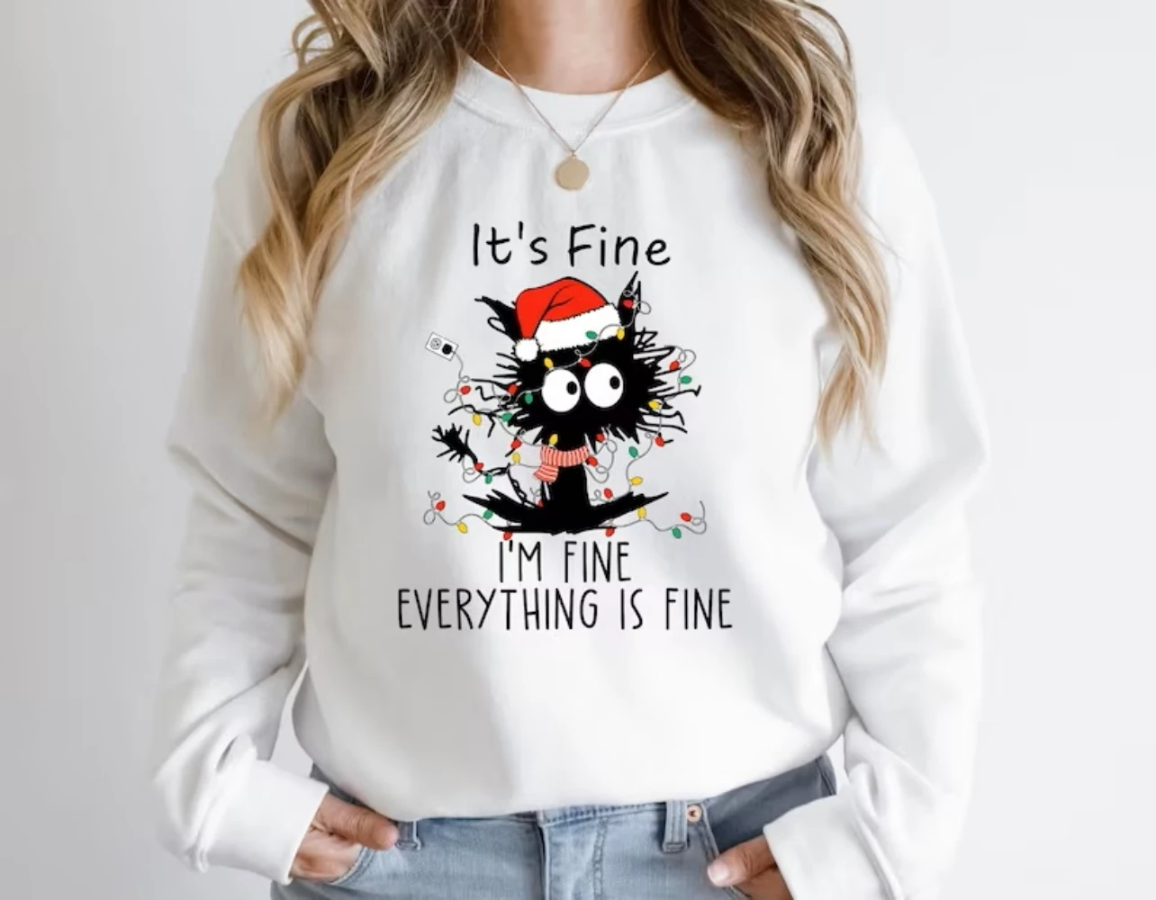 Christmas Black Cat Sweatshirt It's Fine I'm Fine Everything Is Fine Meowy Christmas Gift for Cat Lover Clothing Women Winter