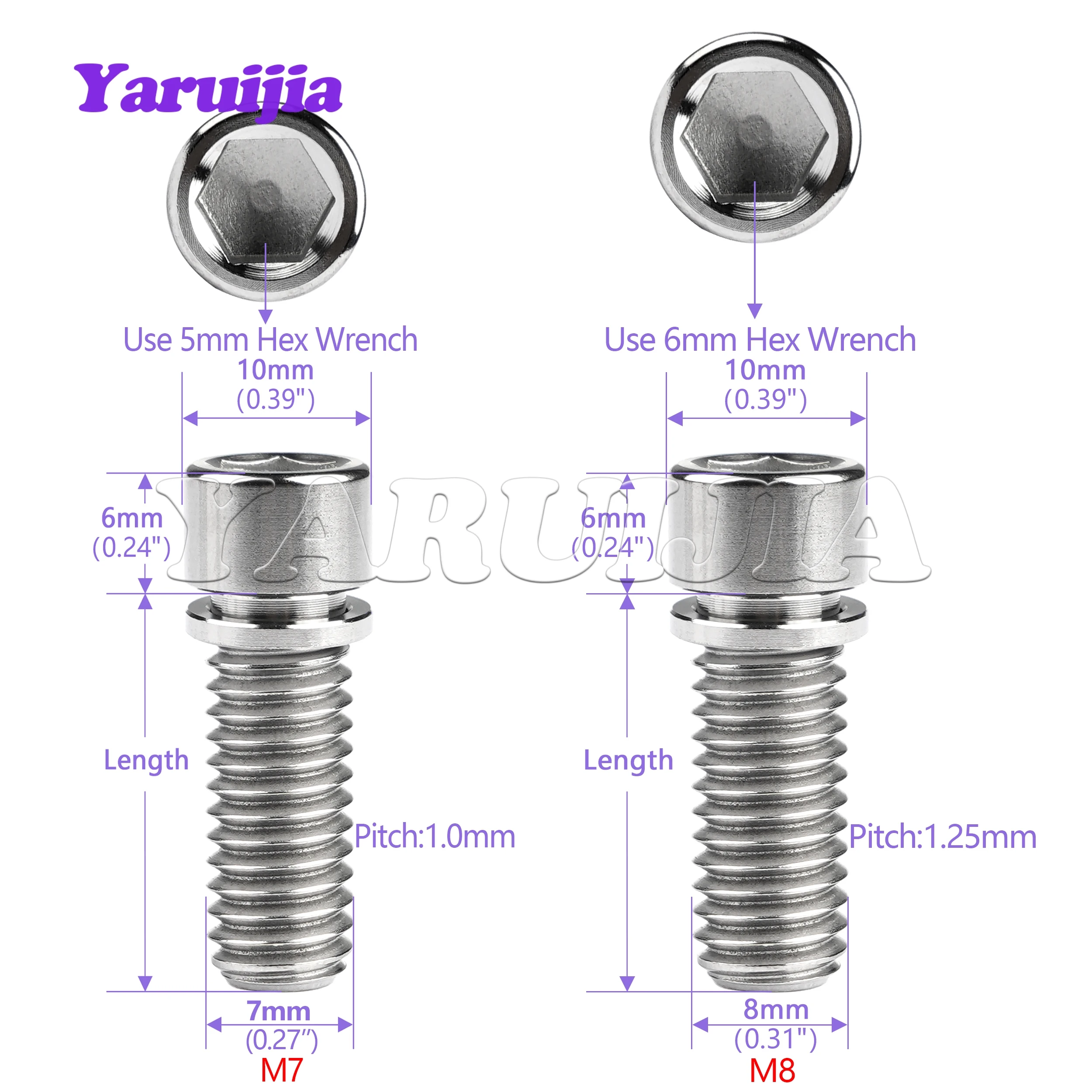Yaruijia 6PCS ไทเทเนียม Bolt M7/M8x20/25mm Allen ทรงกระบอกหัวปะเก็นสกรูสําหรับจักรยาน fix อุปกรณ์เสริม