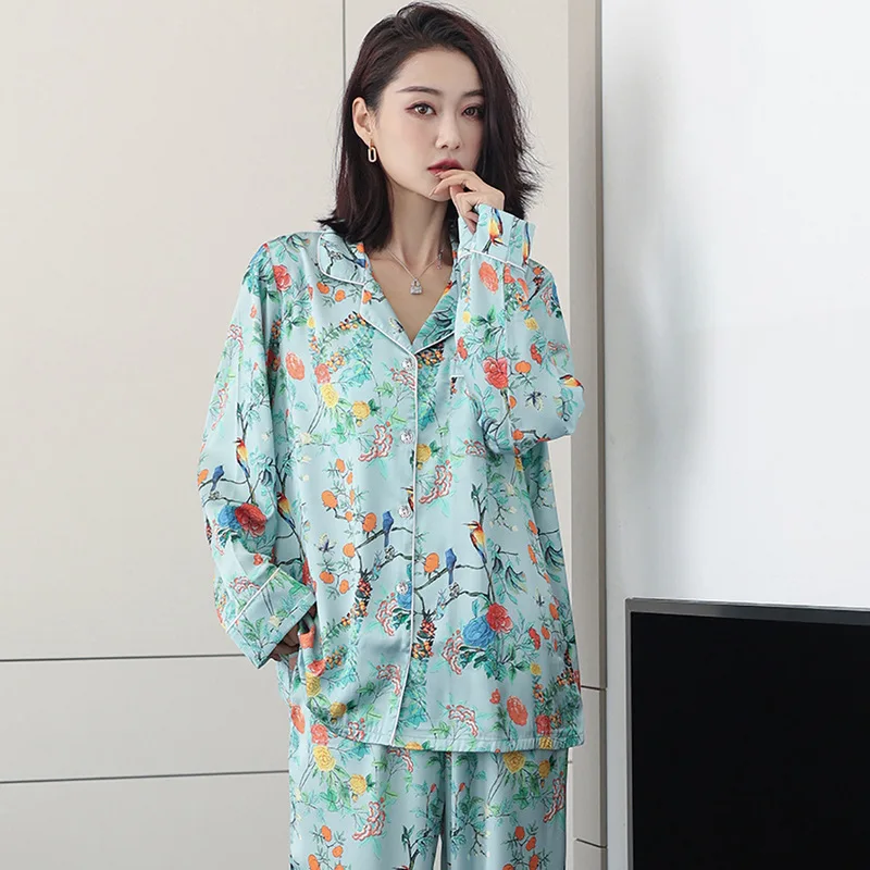 Women\'s Spring Summer Vintage French Print Pajamas Loungewear Women\'s Premium Cardigan Long Sleeve Pants Loungewear Set