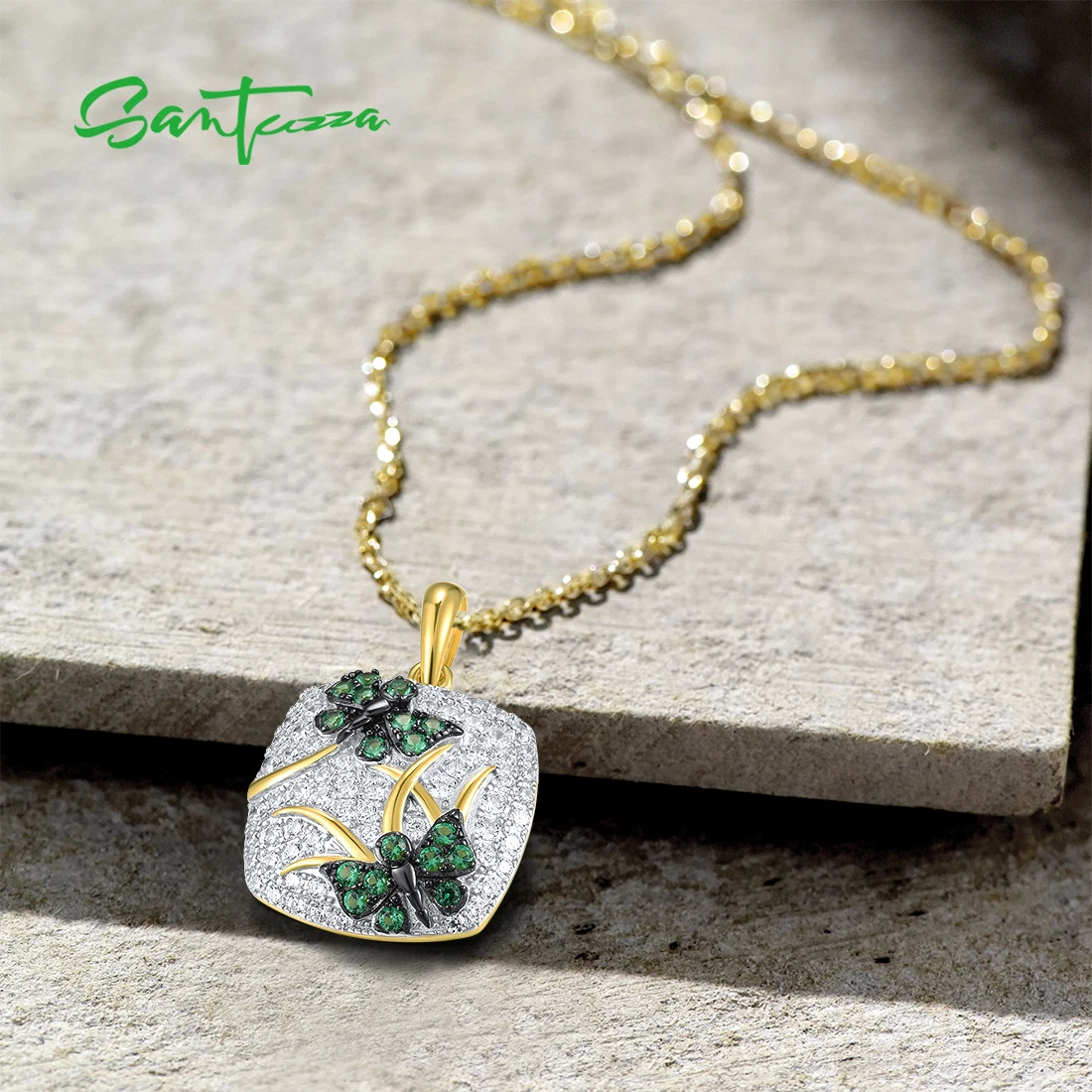 SANTUZZA  Pure 925 Sterling Silver Pendant For Women Green Spinel White CZ Gold Color Plated Butterfly Elegant Fine Chic Jewelry