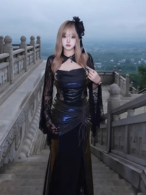 Gótico sle renda fi cauda saia vermelho loween traje dr feminino poliéster fibra elástica macio longo sve dr