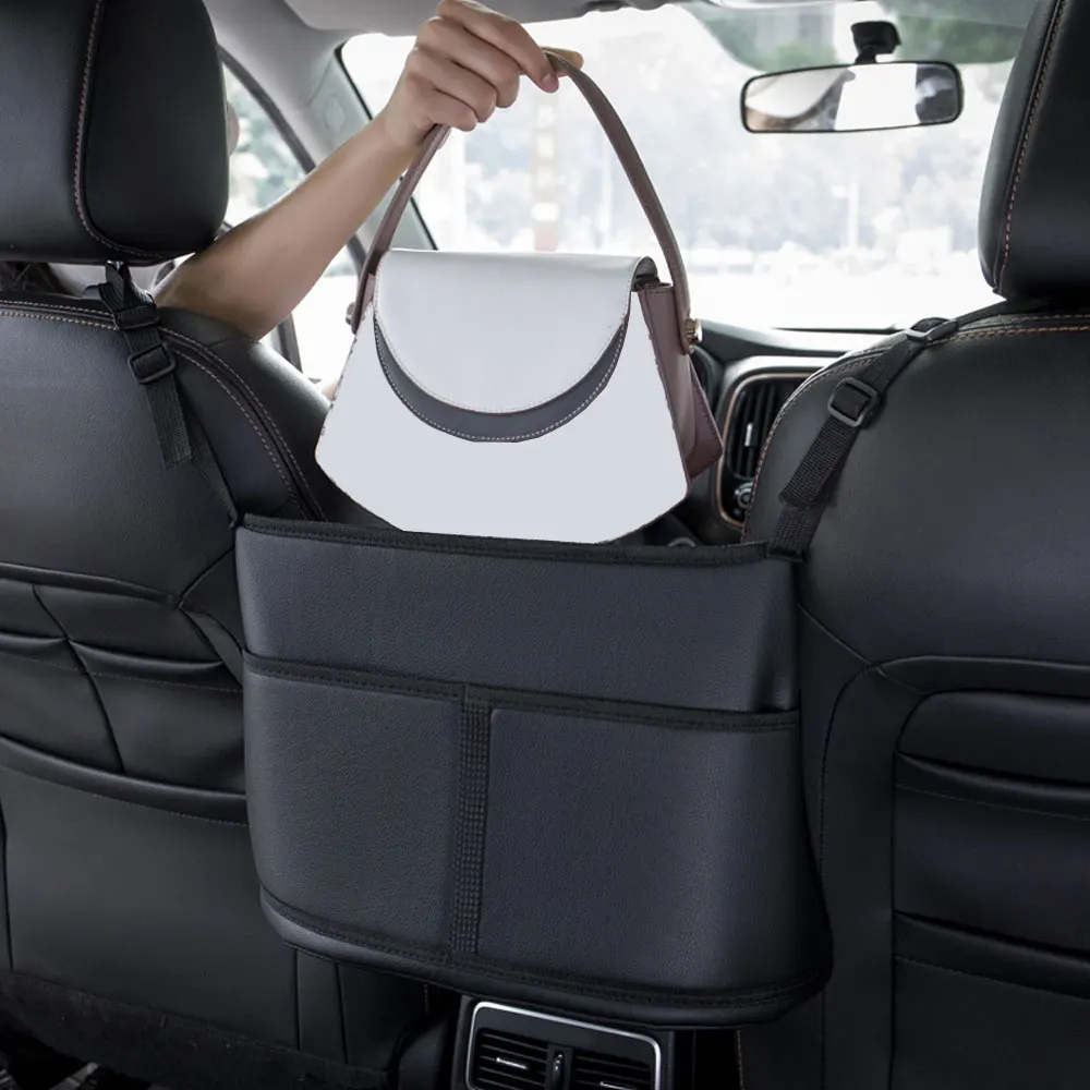 

Leather Car Seat Middle Hanger Storage Bag Luxury Auto Handbag Holder Between Seats Tissue Water Cup Pockets Stowing Tidying