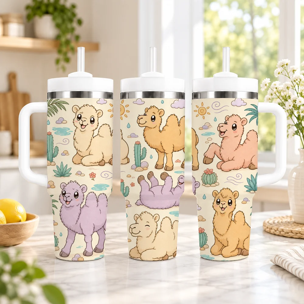 Desert Camel Gift for Kids Vacuum Flasks 40oz em Aco Inoxidavel com Alca e Canudo, Caneca de Viagem a Prova de Vazamentos