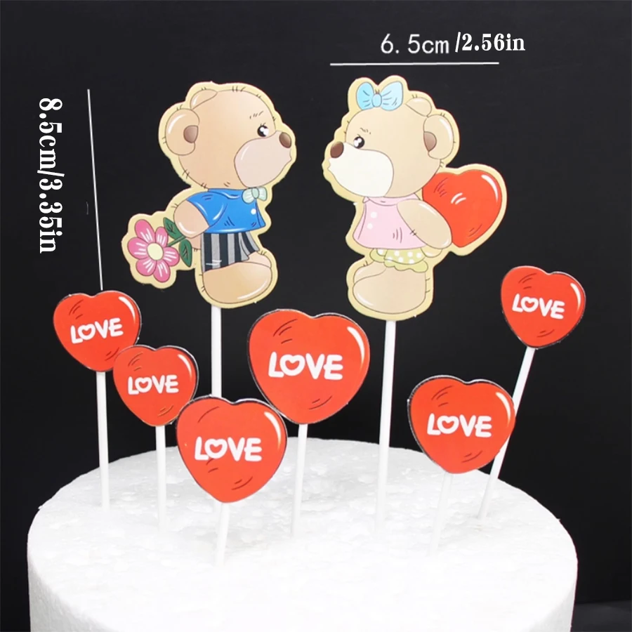 8Pcs Love Little Bear Cake Decoration Valentine's Day Couple Confession Kiss Girlfriend Birthday Baking Plugin