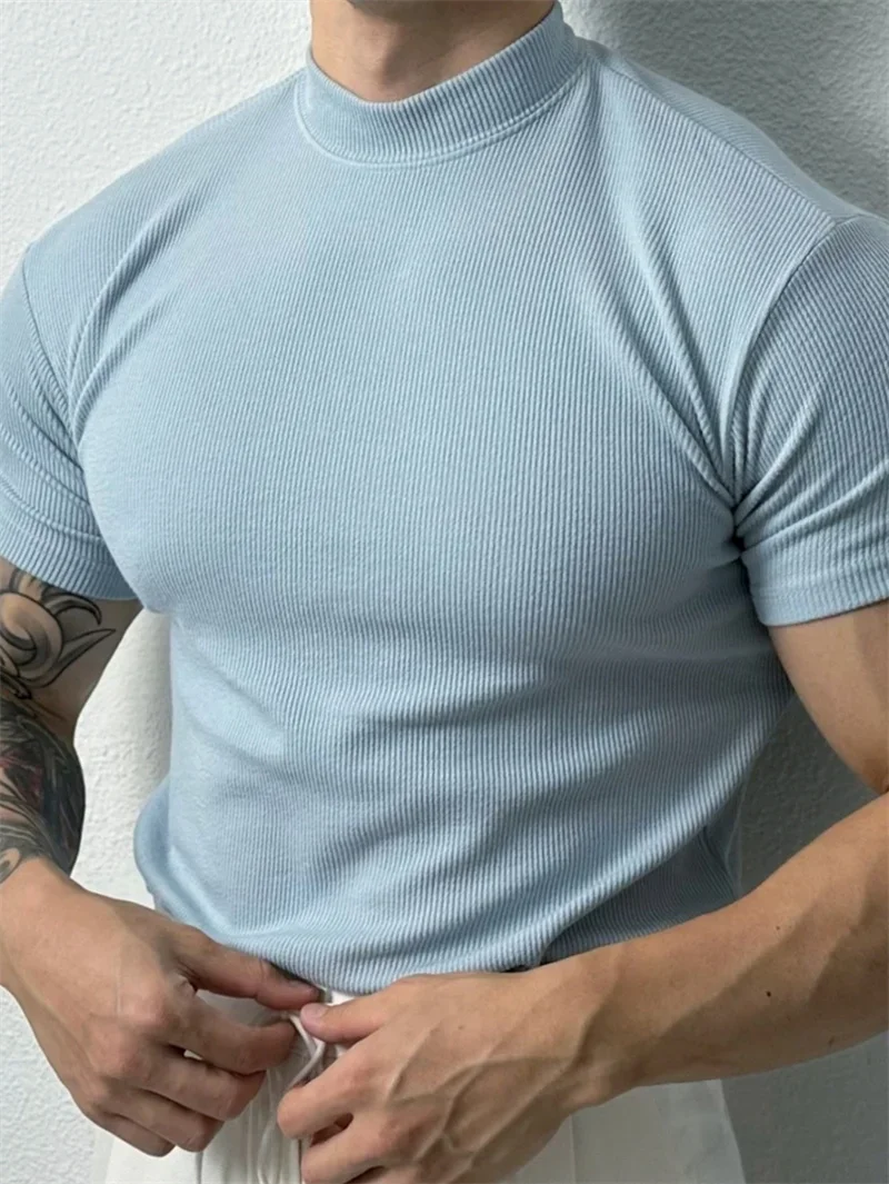 Men summer fashion Men's T-shirt Small high collar stripe shirt short sleeve fitness top close-fitting sport T-shirt Mens sports