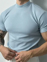 Men summer fashion Men's T-shirt Small high collar stripe shirt short sleeve fitness top close-fitting sport T-shirt Mens sports